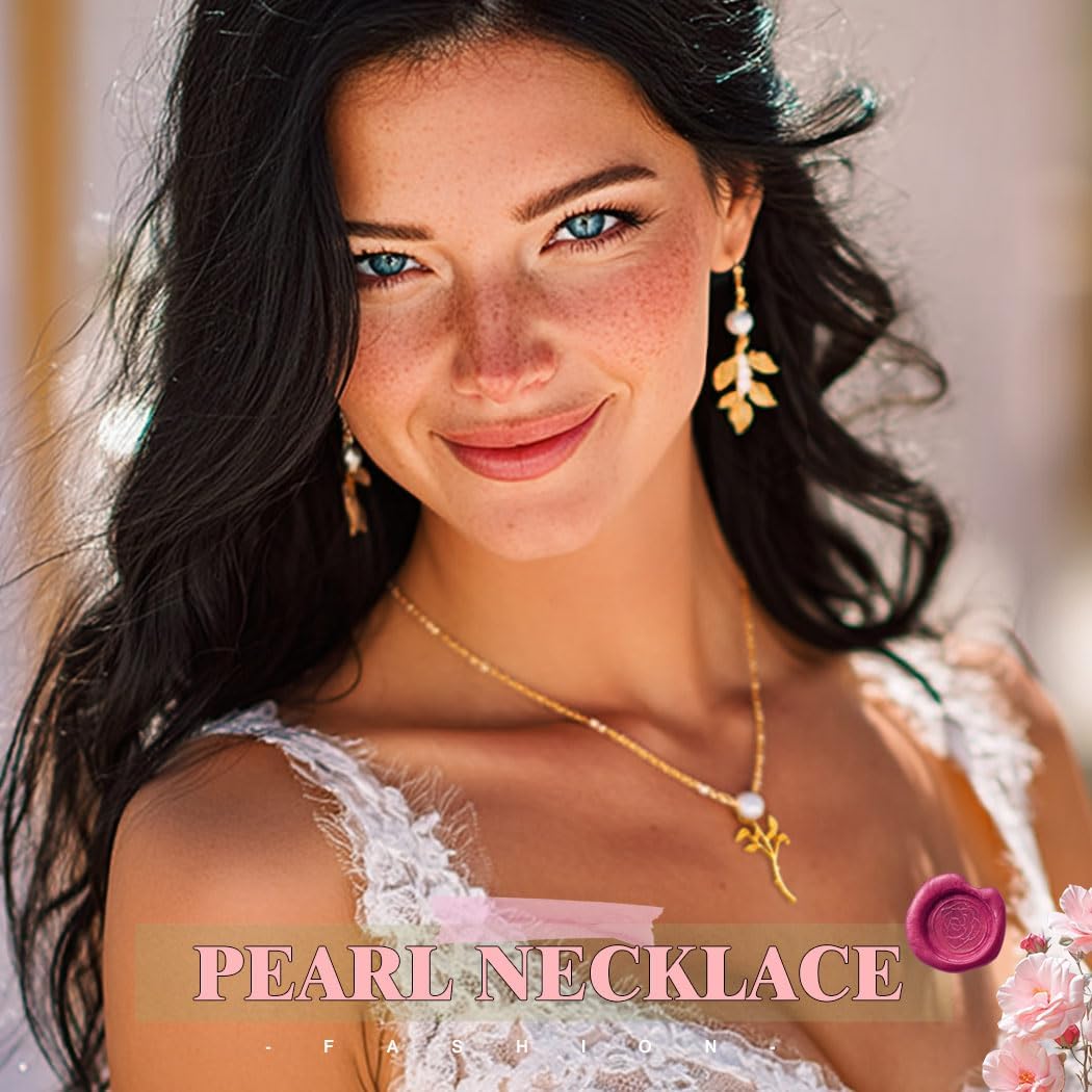 EVILD Gold Leaf Necklace and Earrings Set Pearl Wedding Jewelry Set for Women - Image 6