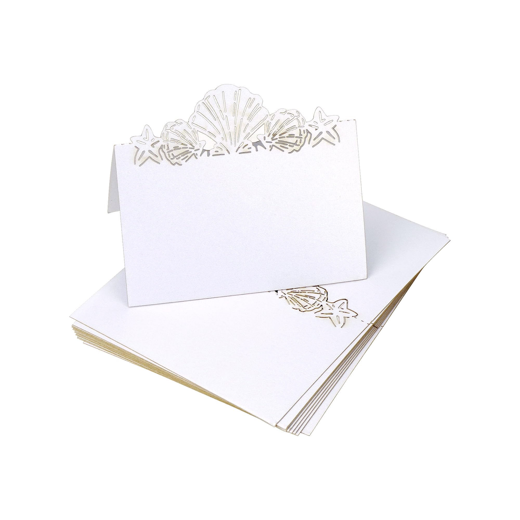 Set of 50 Nautical Place Cards for Table Setting, Seashell and Starfish Cutout Name Cards for Beach Wedding Party Shower, White