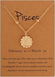 Gold Star Sign Flower Circle Pendant Ball Chain Necklace - Pisces (19th February - 20th March) - Zodiac Constellation Horoscope Celestial Astrology Jewellery - Women Men Gift