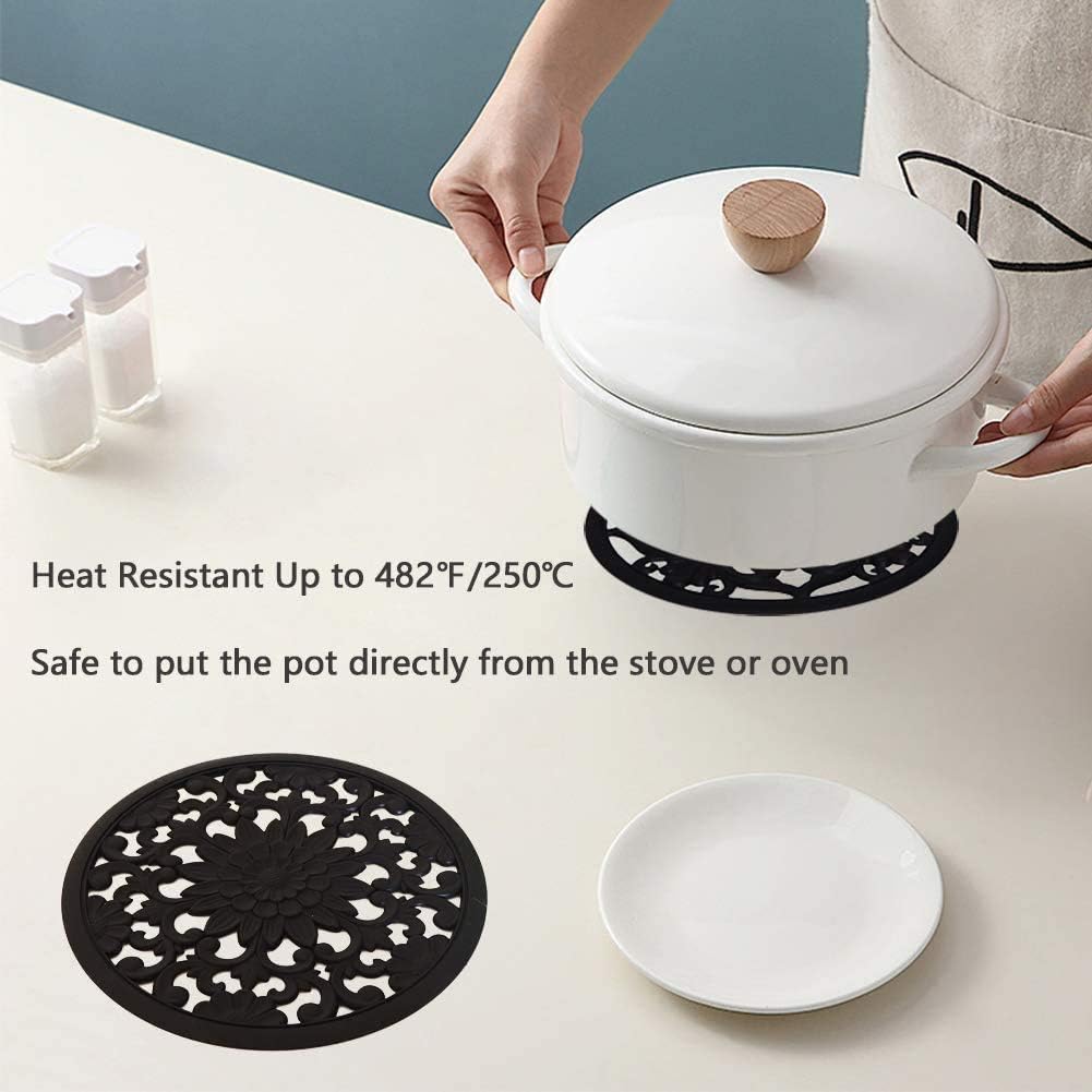Set of 3 Silicone Trivet Mats, Multi-Use Intricately Carved Hot Pot Trivets for Hot Dishes, Kitchen Mats, Table Mats, Flexible Durable Non Slip and Heat Resistant Kitchen Hot Pads Coasters (Black)