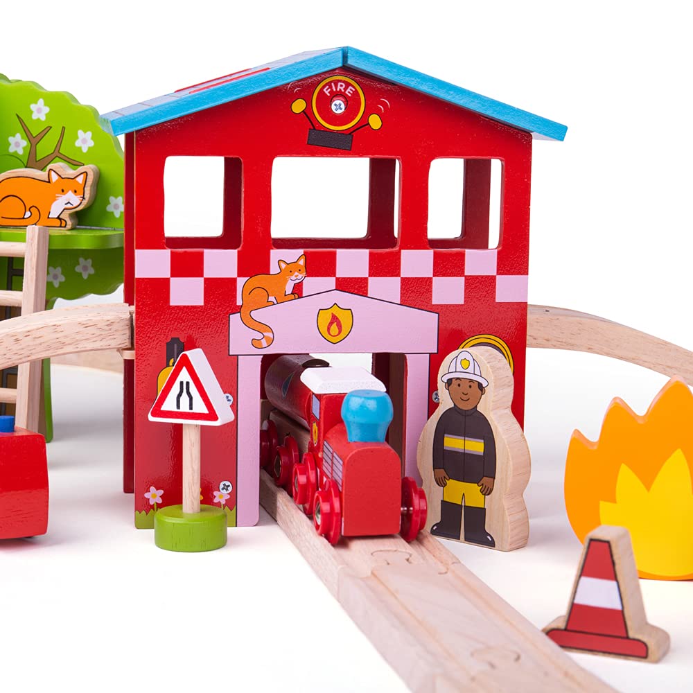 Bigjigs Rail Feuerwache Eisenbahn-Set, 39-teiliges Holzbahn-Spielset