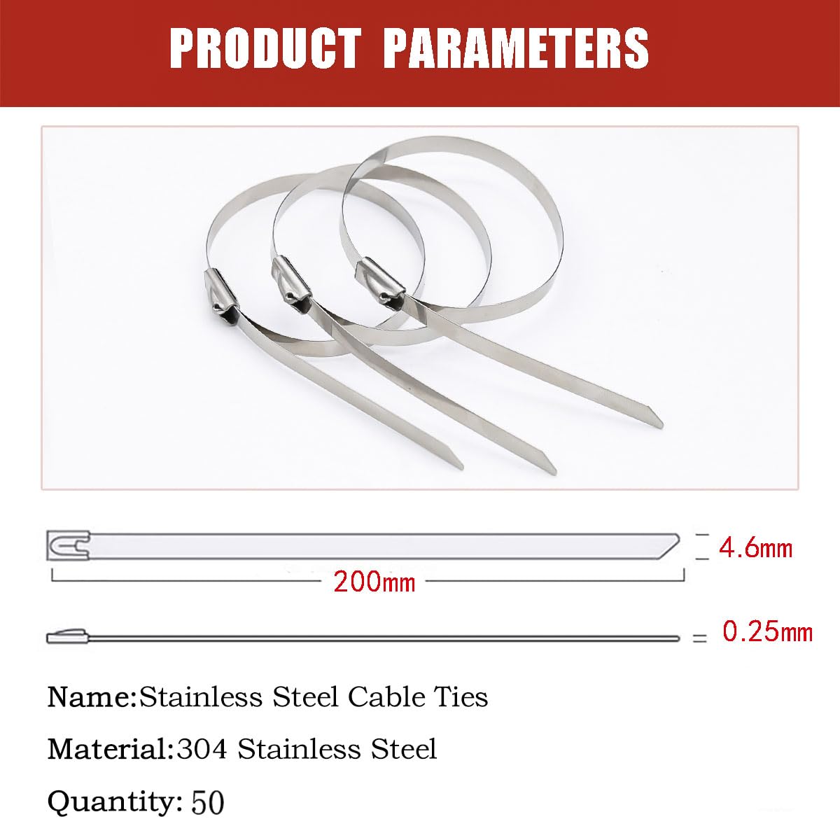 4.6 * 200mm Metal Cable Ties, 304 Stainless Steel Cable Ties Heavy Duty - Image 3
