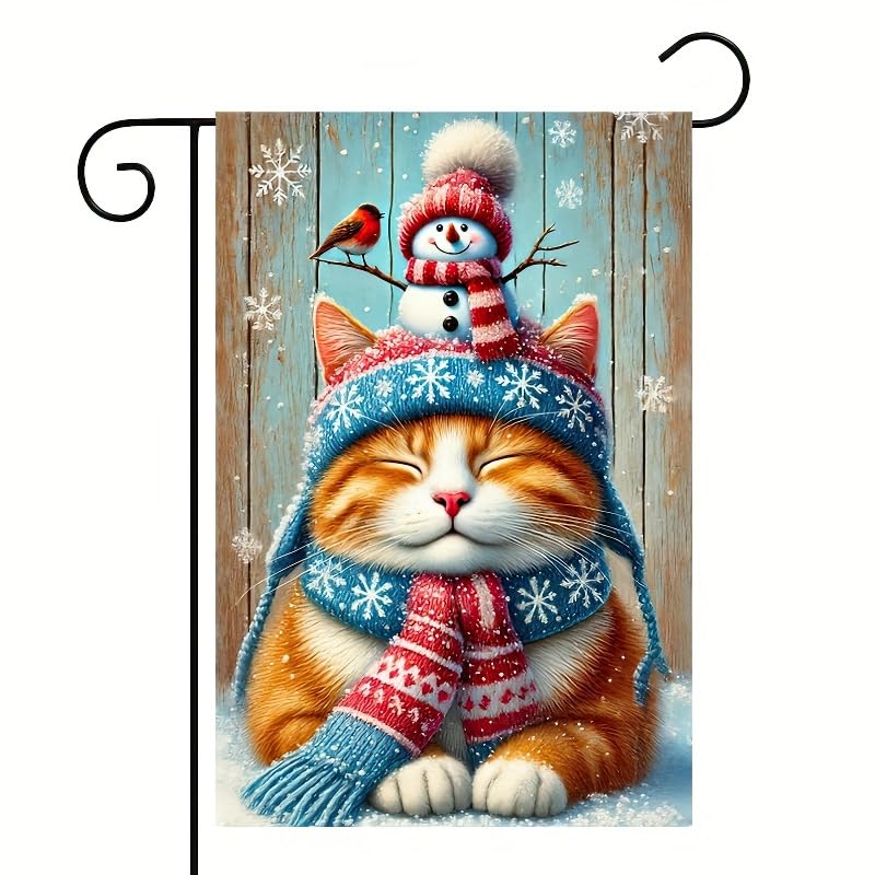 Image of BlissYard Garden Flag Snowman Cat Red Hat Winter 12x18 Inch Polyester