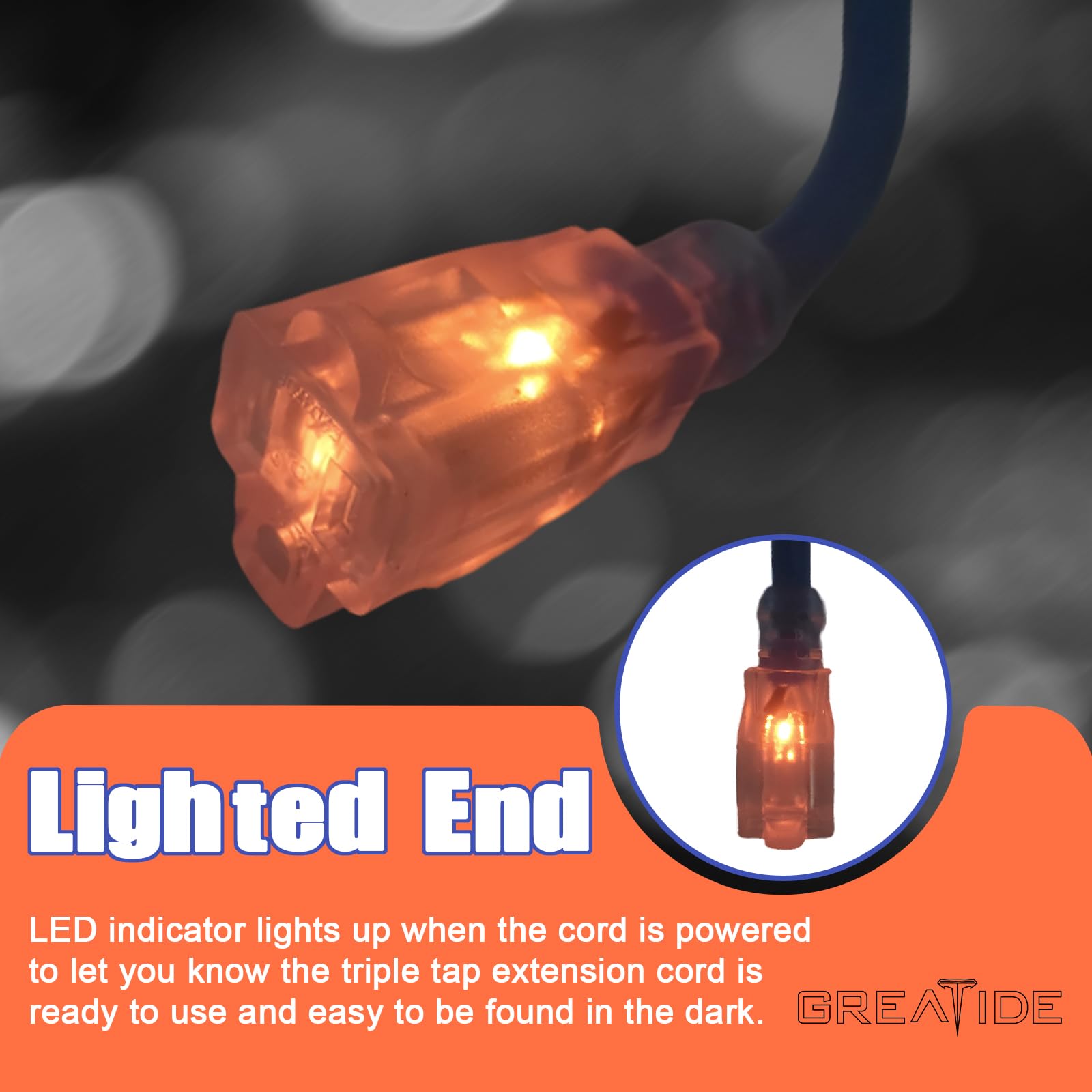 Outdoor Extension Cord with Lighted End, 12 Gauge Heavy Duty 6 FT, 3 Prong Grounded 15 Amp, 12/3 SJTW Waterproof Power Cord for Appliance, Blue - 5