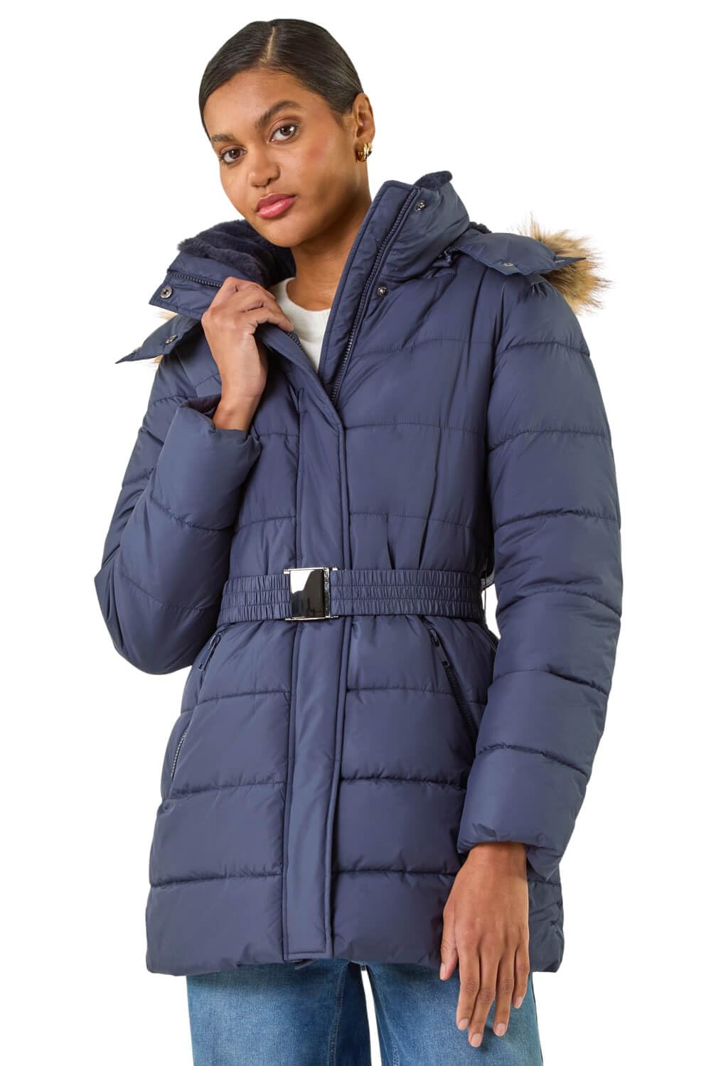 Roman Originals Women's Plain Navy Roman Quilted Padded Coat For Uk - Parka Winter Jacket Faux Fur Trim Hooded Short Autumn Waterproof Water Resistant Everyday Holiday Comfy Work - Size 14