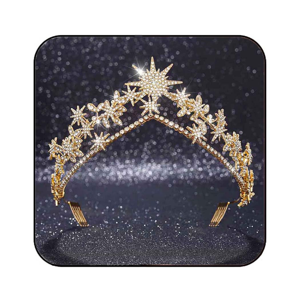 JAKAWIN Wedding Star Crowns and Tiaras Gold Rhinestone Bridal Headband Prom Crown Costume Goddess Hair Accessories for Women