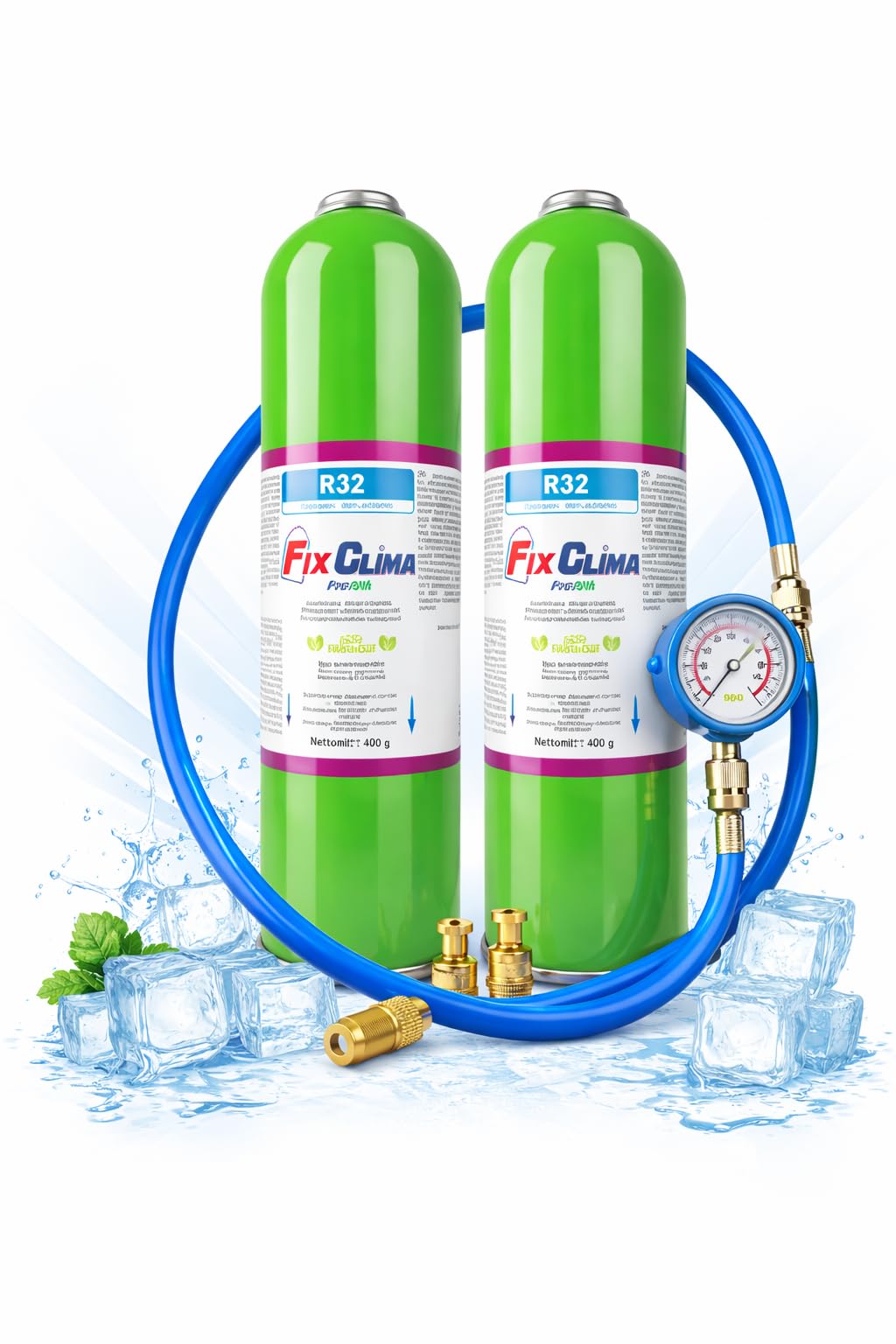 FixClima R32 PlusOil 2 x 400 g de réfrigérant, avec tuyau, manomètre et adaptateur, recharge de gaz pour climatiseurs pour systèmes Split et monobloc, forte puissance de refroidissement, qualité