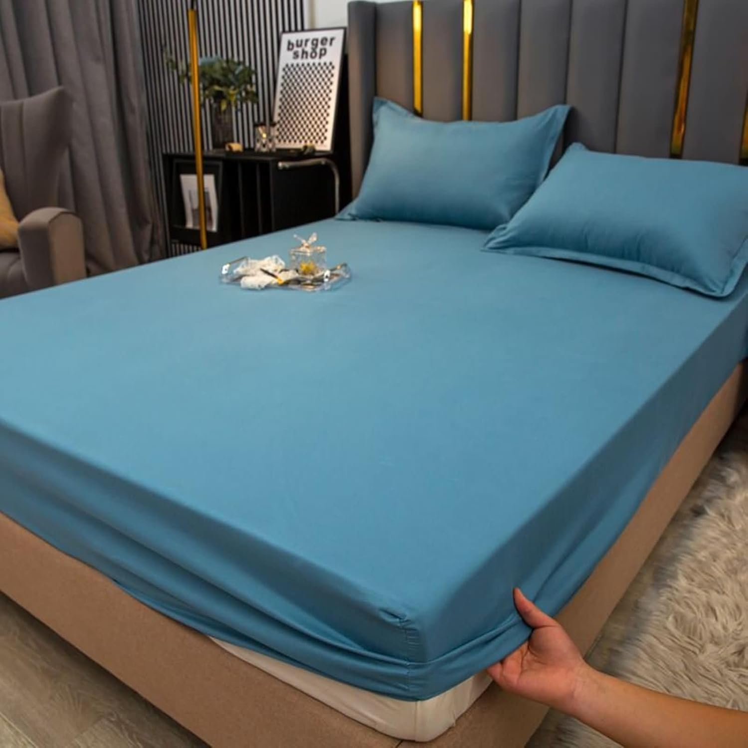 Daesar Fitted Bedsheet California King Size 71"x 87", Bedding Fitted Sheet Washed Cotton Solid Color Soft Bedspread Coverlet for All Season, Yellow