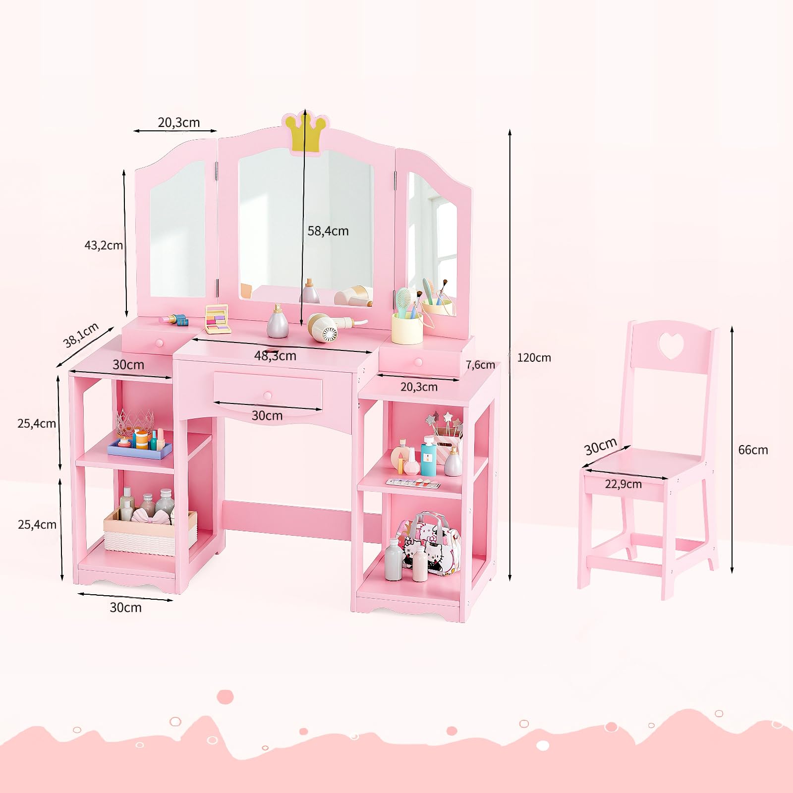 Bonnlo Schminktisch mit Hocker und Abnehmbarer Spiegel, Kindertisch mit Aufbewahrungsboxen und offenen Fächern, für Mädchen ab 3 Jahren, Rosa