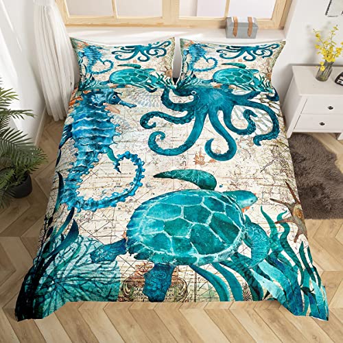 Turtle Bedding Set Twin,Aqua Turquoise Ocean Beach Themed Duvet Cover For Kids Boys Girls,Seahorse Octopus Comforter Cover,Retro Mediterranean Style Marine Design Quilt Cover,Seaweed Bed Sets Blue #TOP2