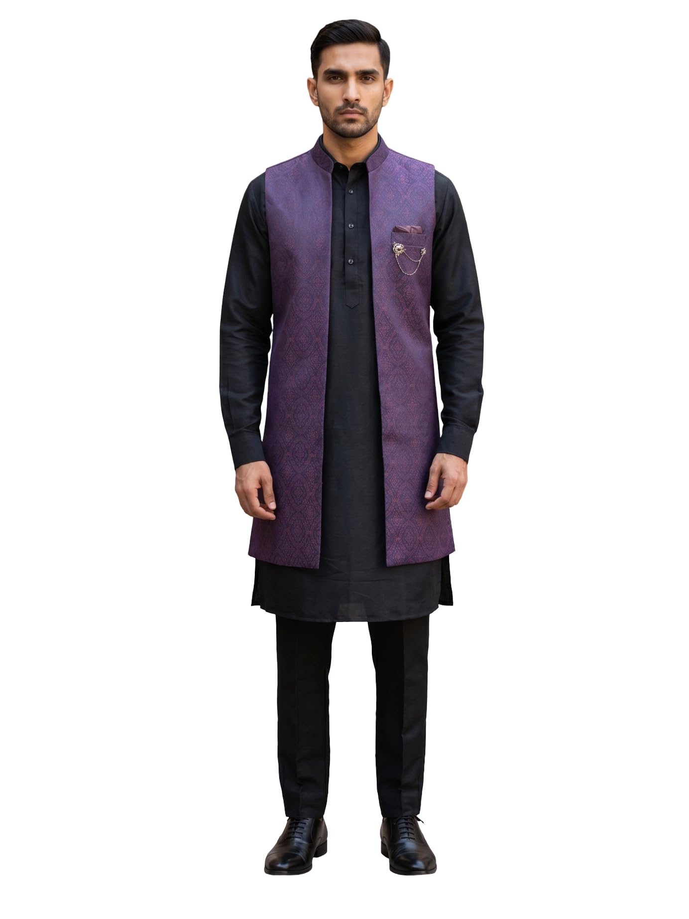 Jacquard Woven Silk Blend Waistcoat Kurta Set-image-44