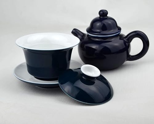 Miniatura 4 de Liang baobao Porcelana Gaiwan 5oz5.1 fl oz Taza de té blanco esmaltado sopera china Sancai cubierta tazón tapa platillo conjunto (azul)