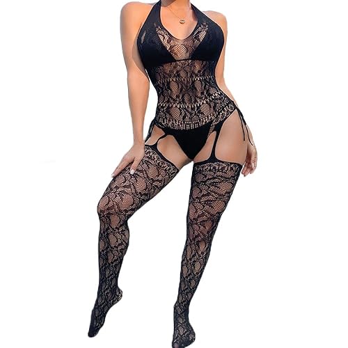 JRD&BS WINL Women's Sexy Fishnet Lingerie Underwear Bodysuit Women Babydoll Lingerie Nightwear Mesh Hollow Out Bodystocking for Women Gifts - Black Lace