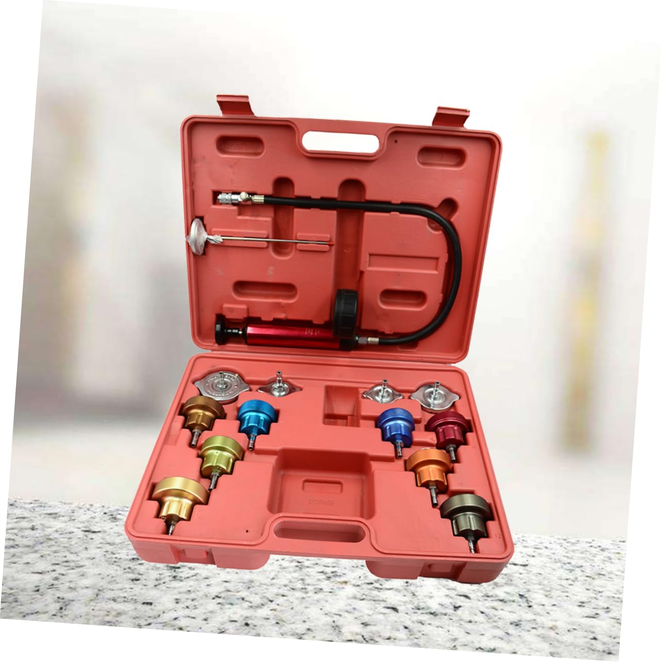SOLUSTRE 14Pcs Water Pressure Tester Tool Kit for Car Radiator Leak Detection and Cooling System Maintenance Includes High Powered Pump and Easy to Read Gauge