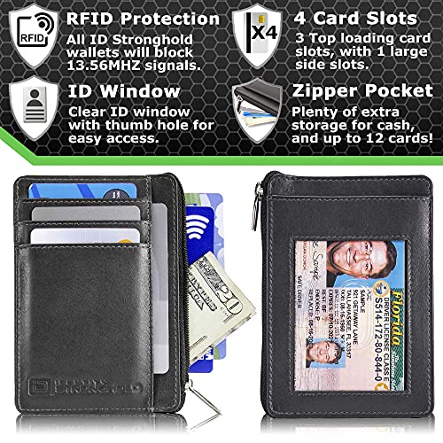 ID Stronghold RFID Front Pocket Wallet Mini Minimalist Wallet Slim Wallet Genuine Leather with Zipper, Small Black3