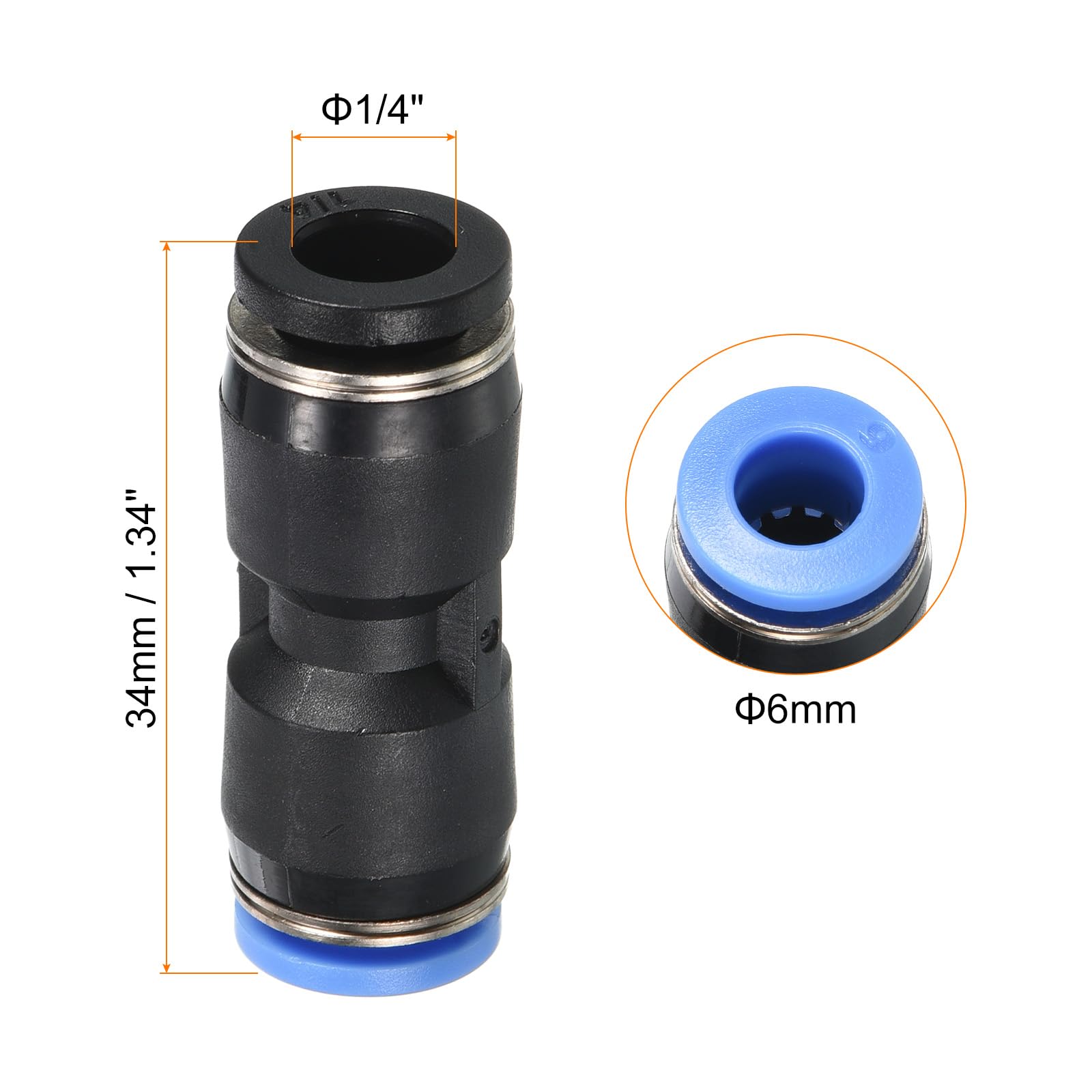 PATIKIL 1/4" a 6mm Riduzione Connessione a Pressione Aria Tubo Raccordo, 2pz Dritto Unione Riduttore Pneumatico Rapida Connessione Raccordi, Nero & Blu