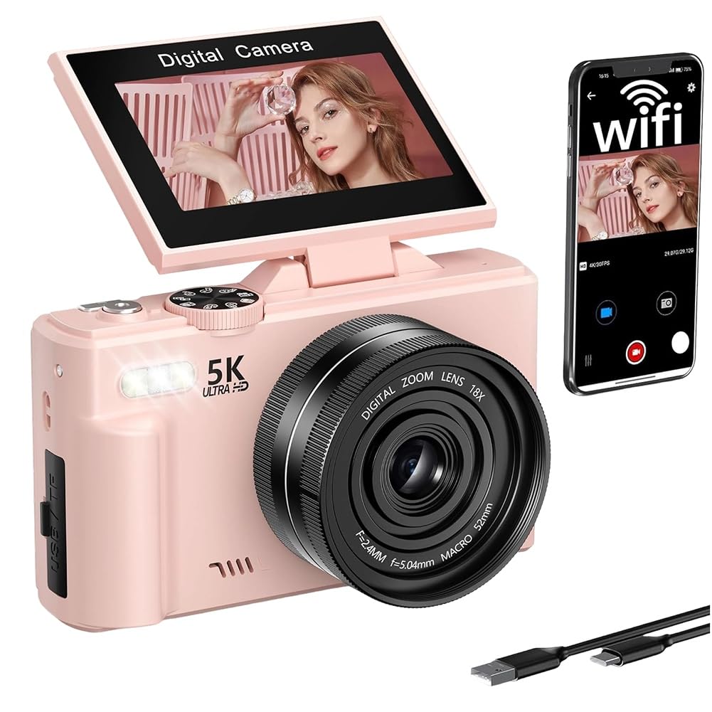 Fotocamera Vlog 5K Fotocamera Digitale WiFi Autofocus Schermo Flip 180°, Fotocamera Compatta per Fotografia per Principianti, Teenager C