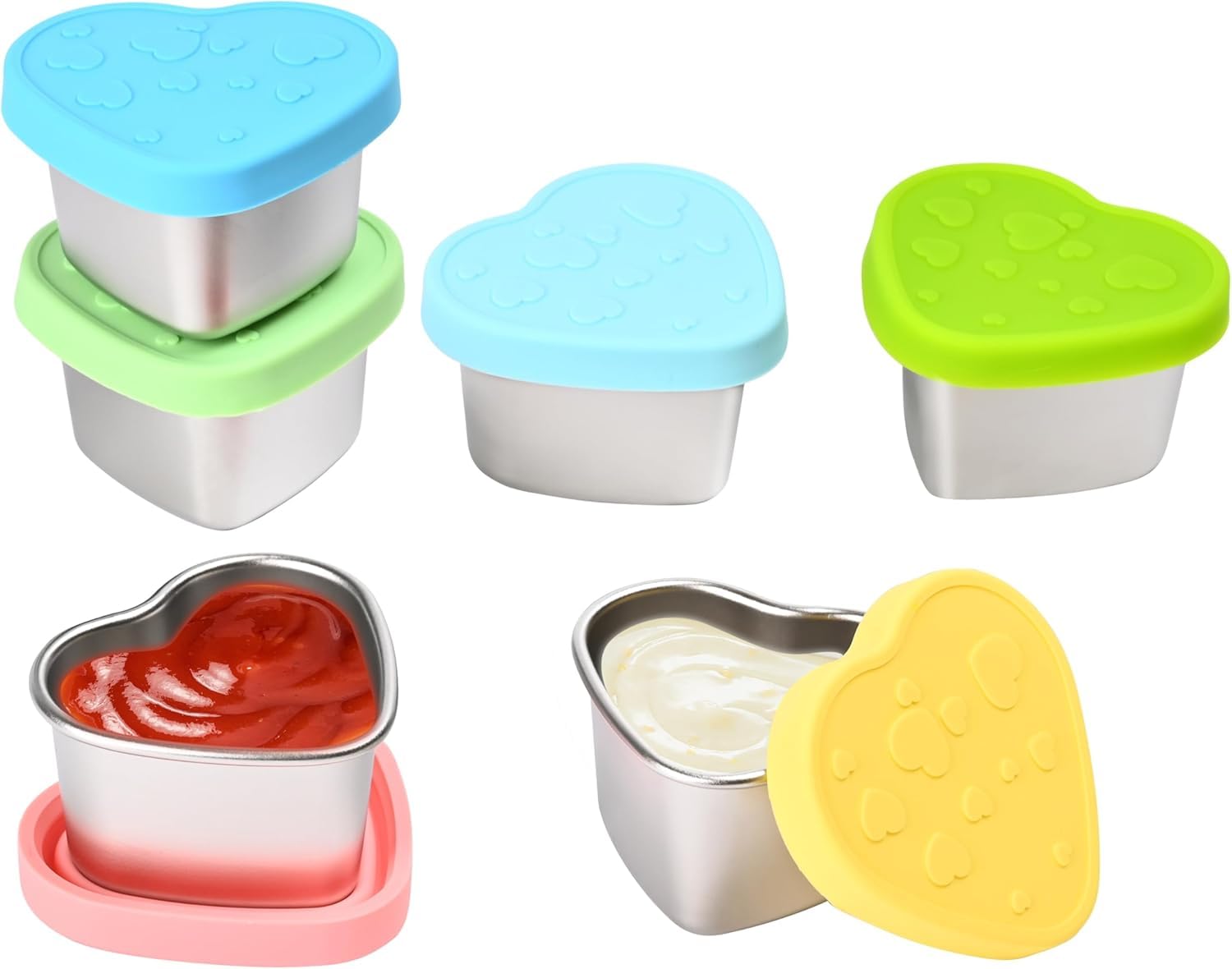 NZWBSHSSP 6 Pcs Heart-Shaped Salad Dressing Container to go, 2.1 Oz Stainless Steel Small Condiment Containers with Lids, Reusable Meal Prep Sauce Cups for Lunch Bento Box, Work, Picnic