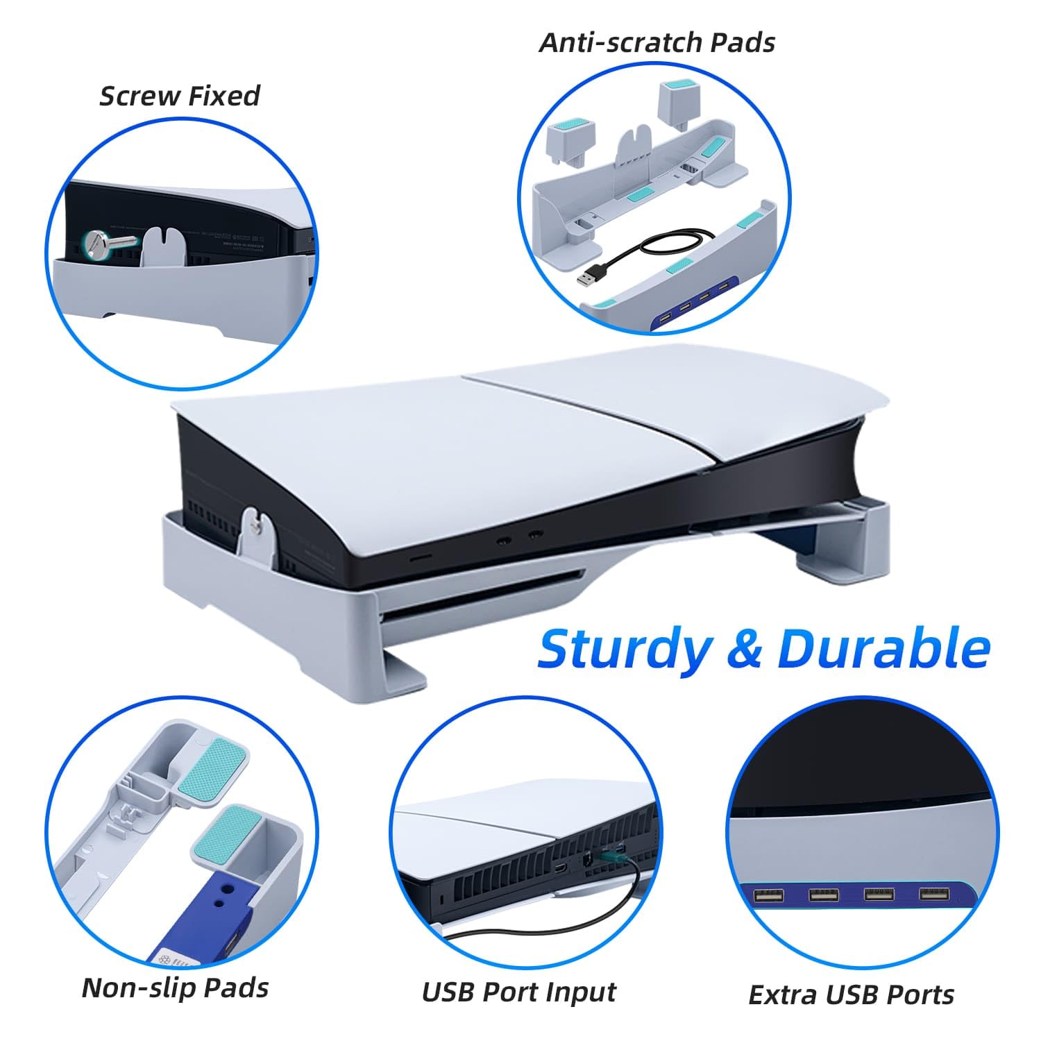 Pozioma podstawka do konsoli PS5 Slim z 4-portowym hubem USB, ulepszona podstawa wspornika akcesoria kompatybilna z PlayStation 5 Slim Disc & Digital Edition uchwyt na stojak