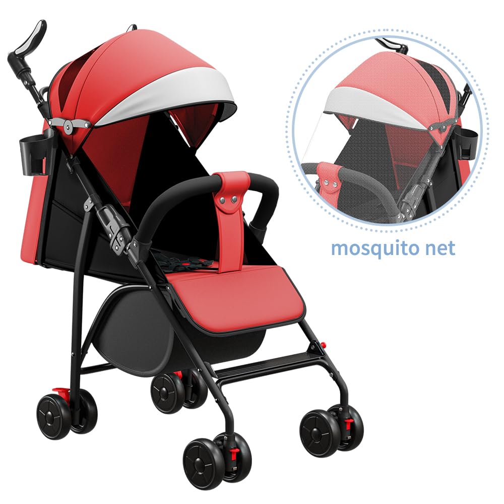 Poussette Légère et Compact, Ultra Légère, Inclinable, Position Landau, Pliage Parapluie, Canopy Ajustable - de la Naissance à 22 Kg,Coussin en coton + moustiquaire, rouge
