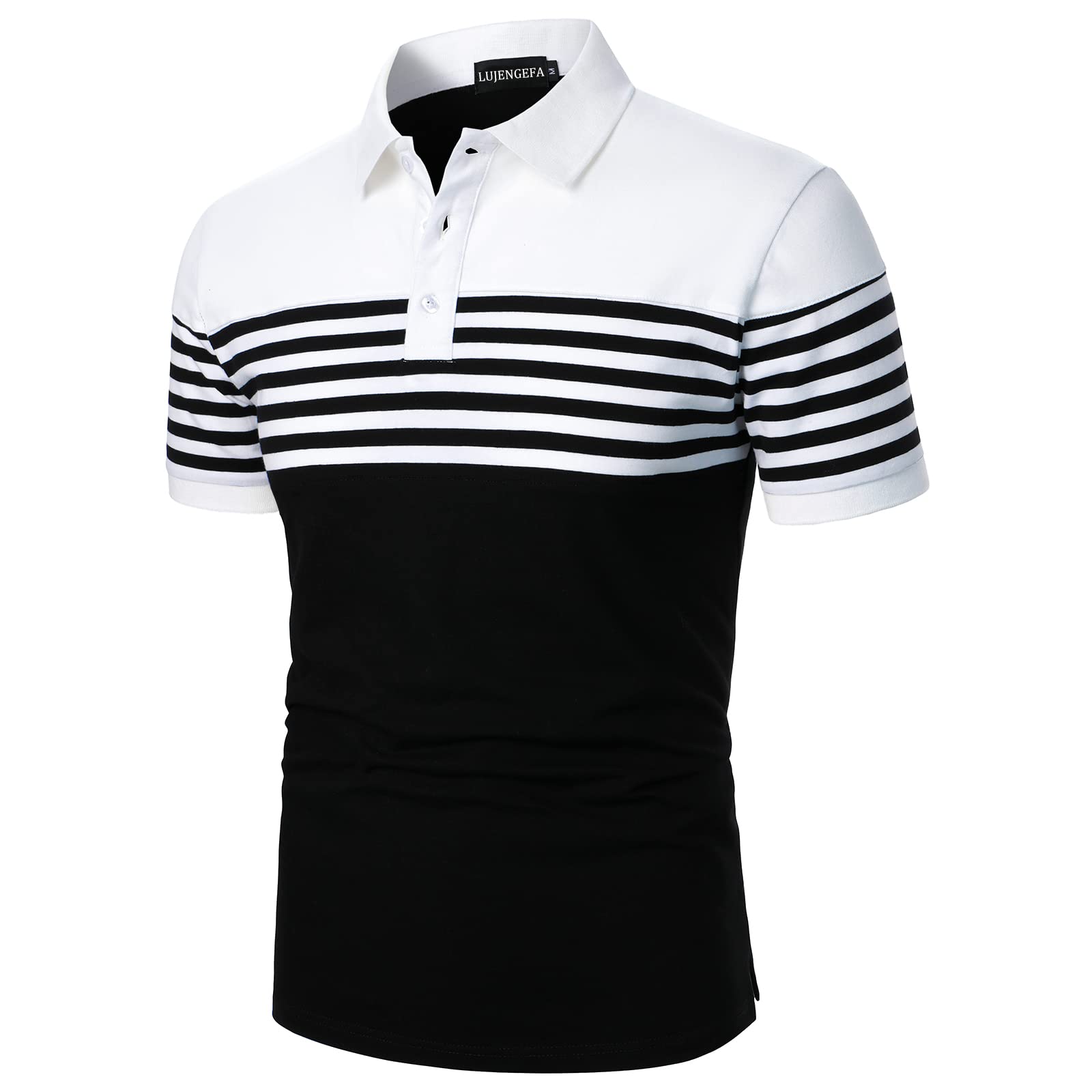LUJENGEFA Mens Polo Shirts Short Sleeve Striped Casual Slim Fit Golf Polo Contrast Color Summer Cotton T-Shirts White and Black XL