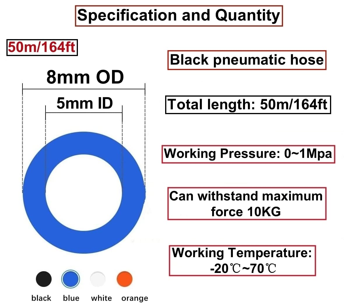 50 Meter Tuyau Pneumatique Polyuréthane PU Air Kit Noir 8mm OD x 5mm ID Tuyau Air Comprimé Peut Etre Utilisé pour Les Compresseur Outils Pneumatiques