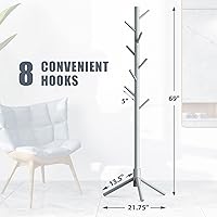 Vista 2 de Haddockway Wooden Coat Rack Stand with 8 Hooks New Zealand Pine 3 Adjustable Coat Standing Tree Easy Assembly for Coats, Hats, Scarves and Handbags