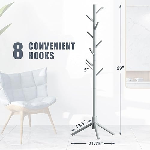 Miniatura 2 de Haddockway Wooden Coat Rack Stand with 8 Hooks New Zealand Pine 3 Adjustable Coat Standing Tree Easy Assembly for Coats, Hats, Scarves and Handbags