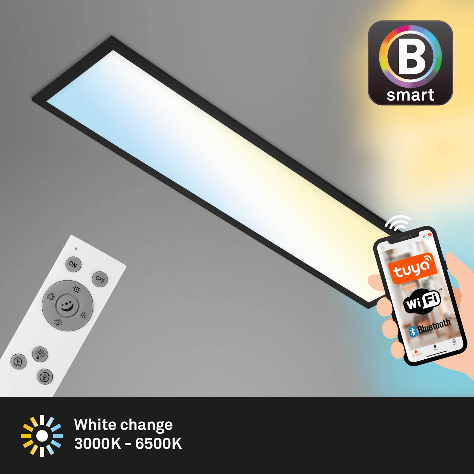 BRILONER - LED Deckenlampe flach Smart Home, funktioniert mit Alexa, einstellbar von warmweiß bis kaltweiß, Lampe, Deckenleuchte, LED Panel, Wohnzimmerlampe, 100x25x6,6 cm, Schwarz