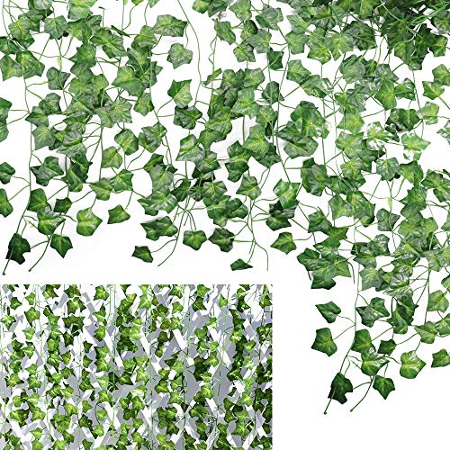 Feuilles de Lierre artificielles Vigne 12 pièces,Faux Lierre Vert CattleyaHQ,Plantes de Guirlande suspendues pour la décoration de Mur de fête de Mariage Cover