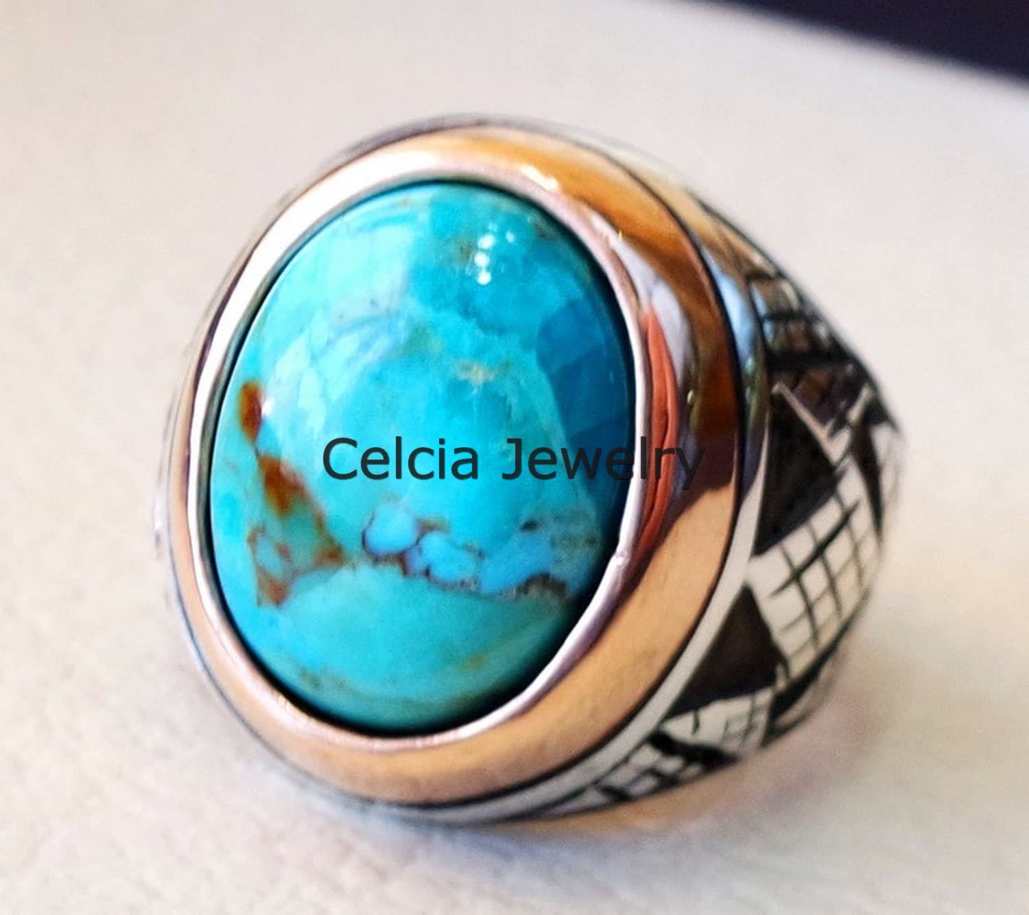 Anello ovale cabochon con pietra preziosa blu turchese dell'Arizona, anello semi prezioso in stile mediorientale, regali per la festa del papà, anello bicolore ossidato in argento (turchese Arizona)