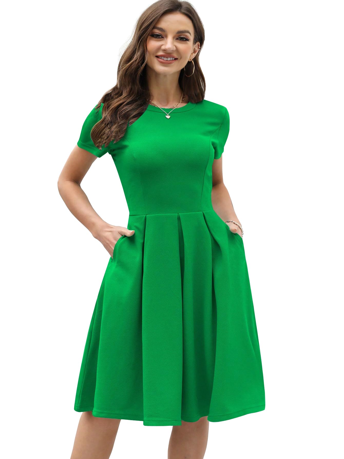 shasmi Girl's & Women's Solid Color Solid Slant Pocket Fold Pleated, Women Cocktail Party Vintage Style with Pockets Big Swing Simple Retro Dress (Dress 166)-picture-17