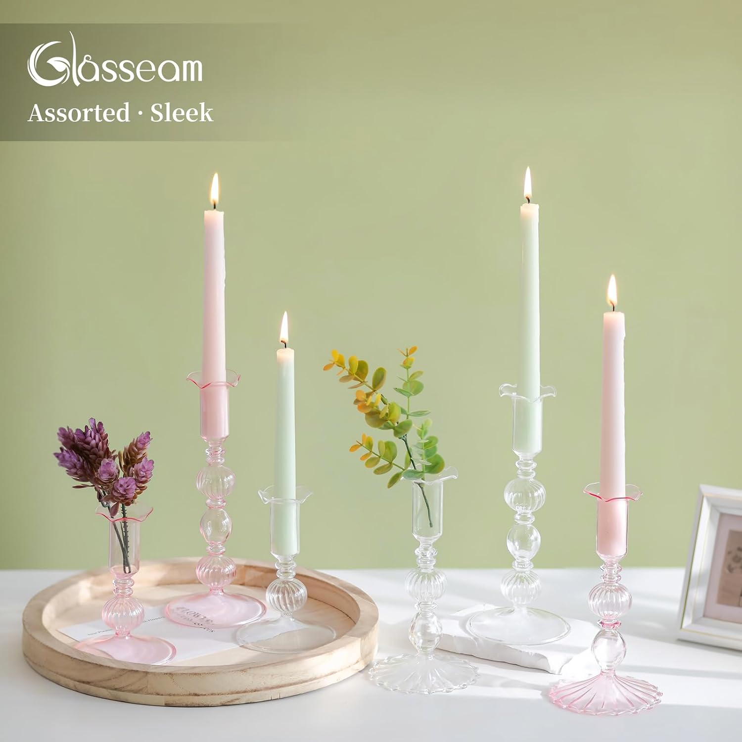 Glasseam 3 Pcs Pink Taper Candlestick Holders with Bobeche for Centerpiece