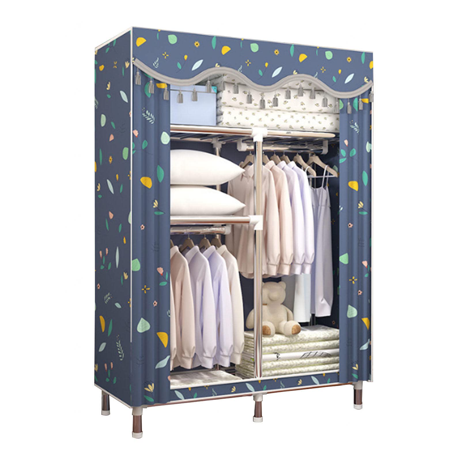 Dressing en toile bleu avec penderie et étagères pour rangement de vêtements de chambre
