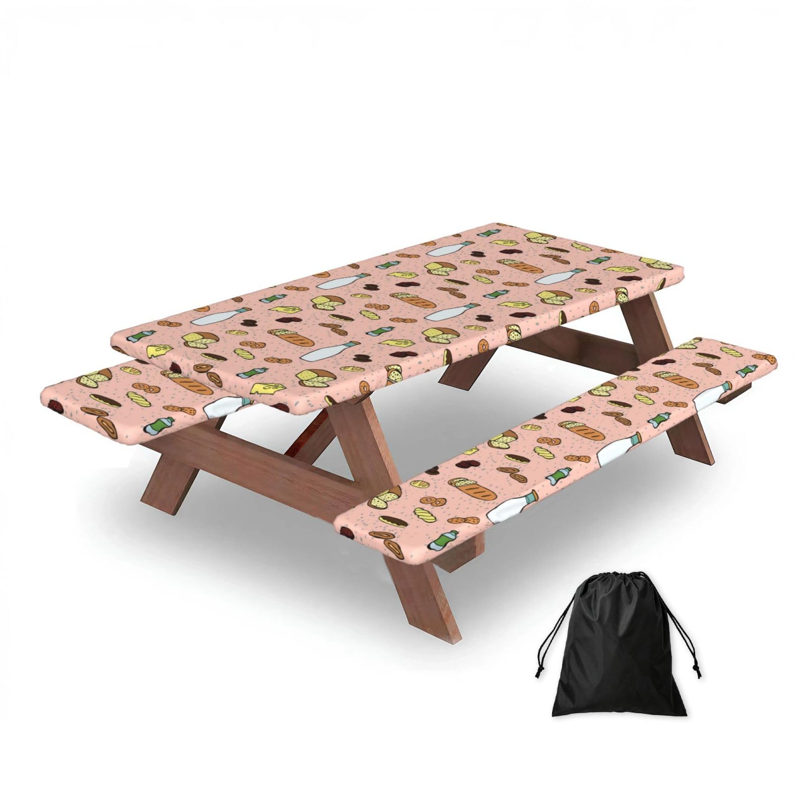 Grocery Seamless Pattern, Picnic Table Cover With Bench Covers -Waterproof Elastic Fitted Tablecloth for Garden Camping Patio 76x152cm