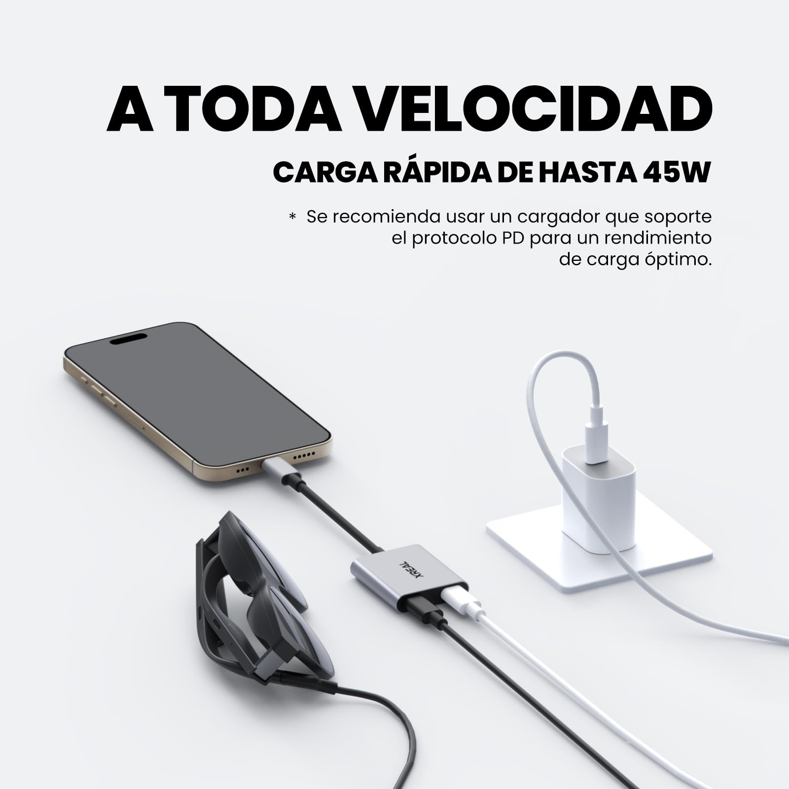 XREAL Hub, Power and Play Adaptador, Alimenta AR Gafas Mientras Carga su Dispositivo Fuente, como Steam Deck, ROG Ally, Switch, iPhone 15 o Teléfono Android, Soporta 45W Carga Rápida y 120Hz