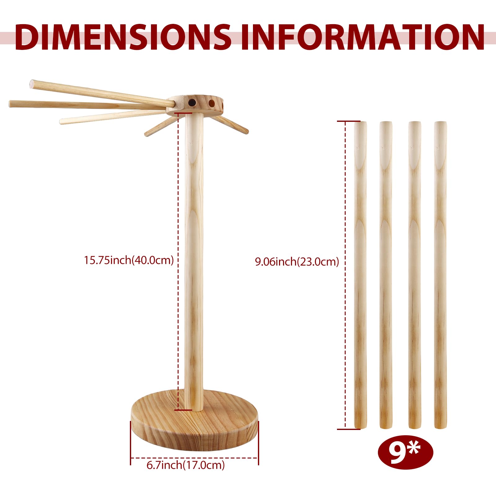 Essiccatore per pasta in legno, con 9 bracci rimovibili, per asciugare fino a 4,5 kg con base, per pasta e asciugacapelli