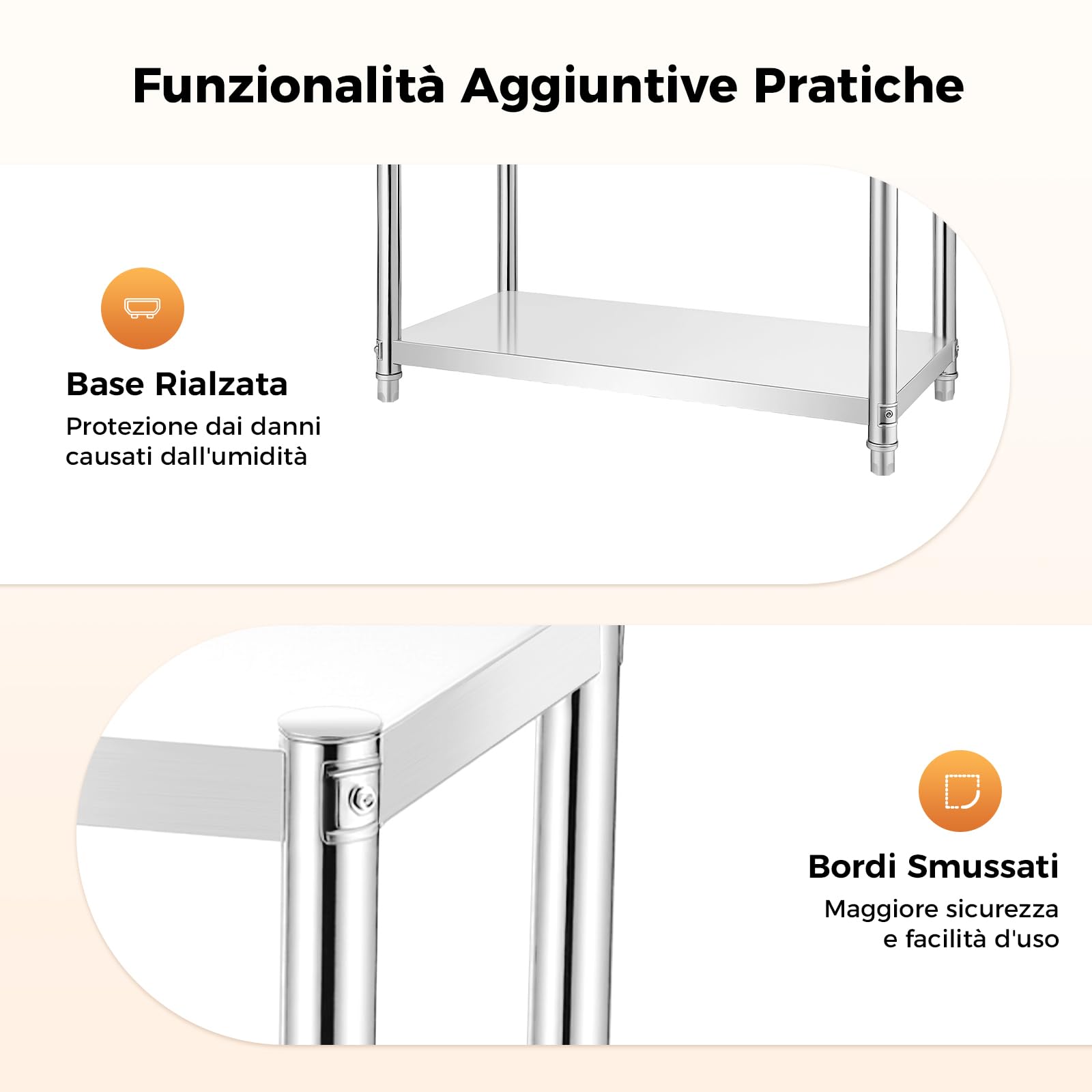 Scaffale da cucina in acciaio inox 80x80x40 cm – 3 ripiani resistenti fino a 30 kg – Tavolo/Scaffale metallico multiuso
