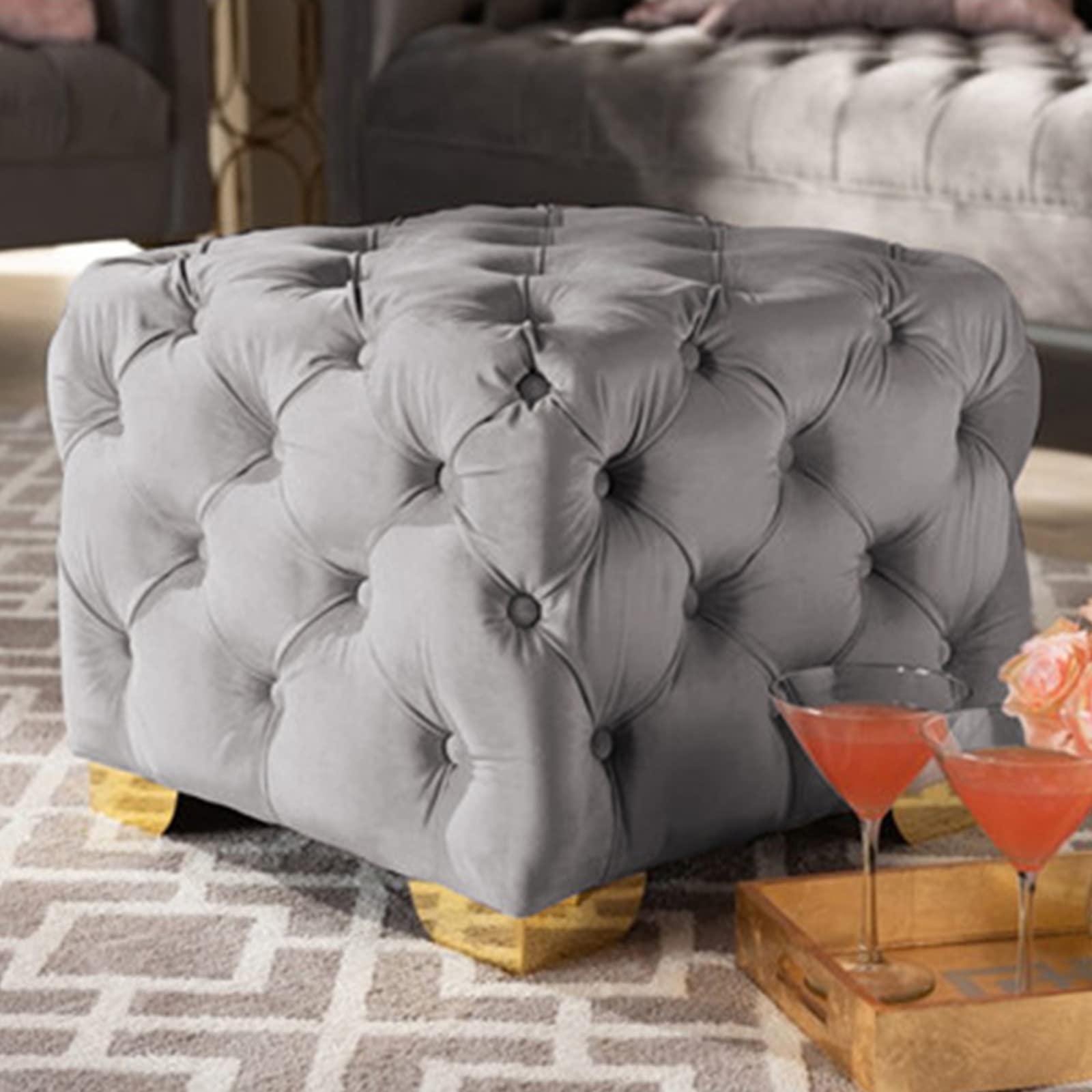 Pouf en velours capitonné gris foncé 50x50x40 cm avec cadre en bois massif pour salon