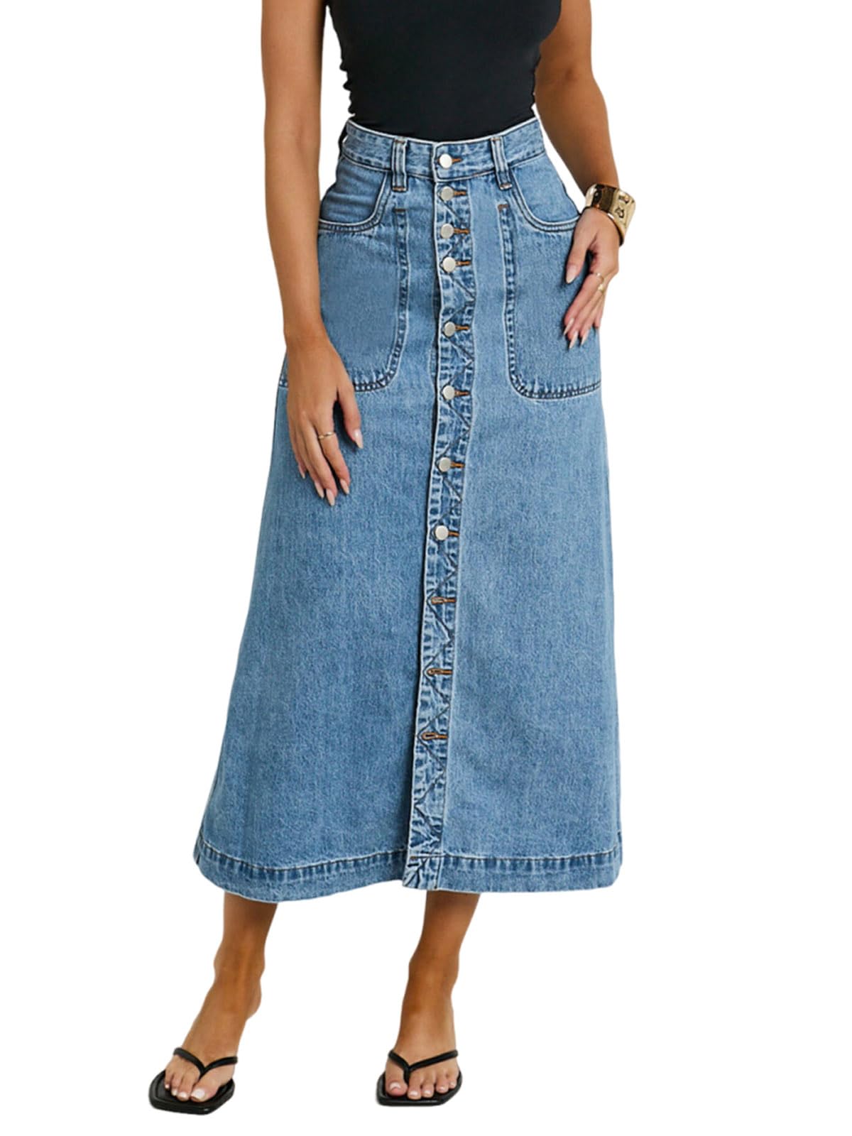 utcoco Womens High Waist Long Denim Skirt Button-Fly A-Line Jean Midi Skirt with Pocket
