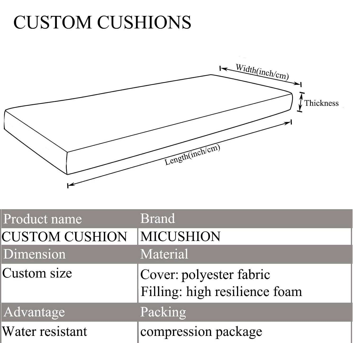 MICUSHION Custom Bench Cushions for Patio Furniture Water Resistant Outdoor Porch Swing High Density Foam Cushions Non Slip Window Seat Pad Indoor