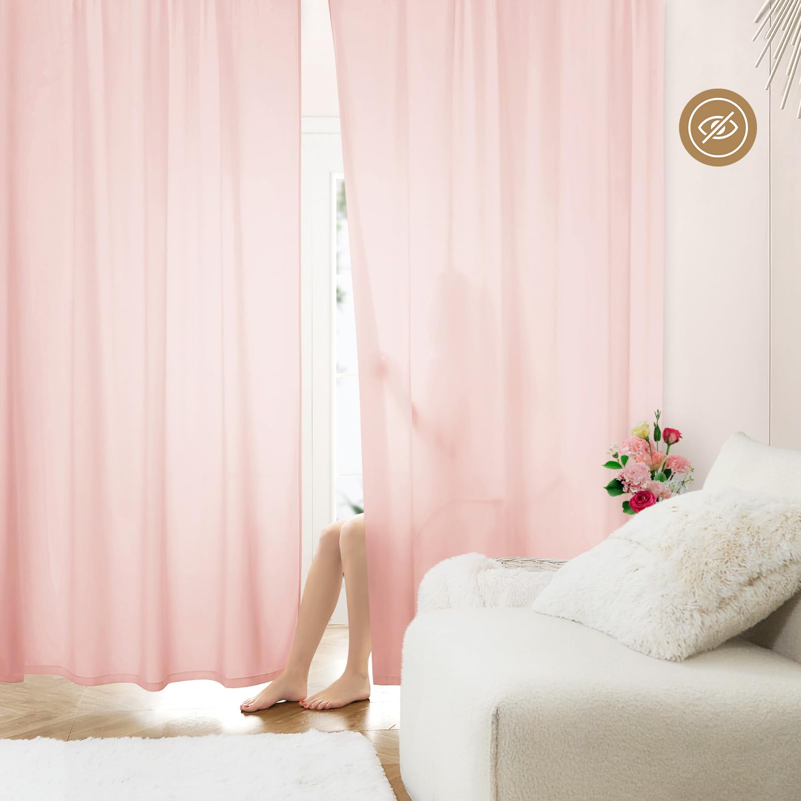 HOMEIDEAS Non-See-Through Blush Pink Privacy Sheer Curtains, 52 X 63 Inches Long 2 Panels Sheer Curtains Light Filtering Window Drapes for Bedroom