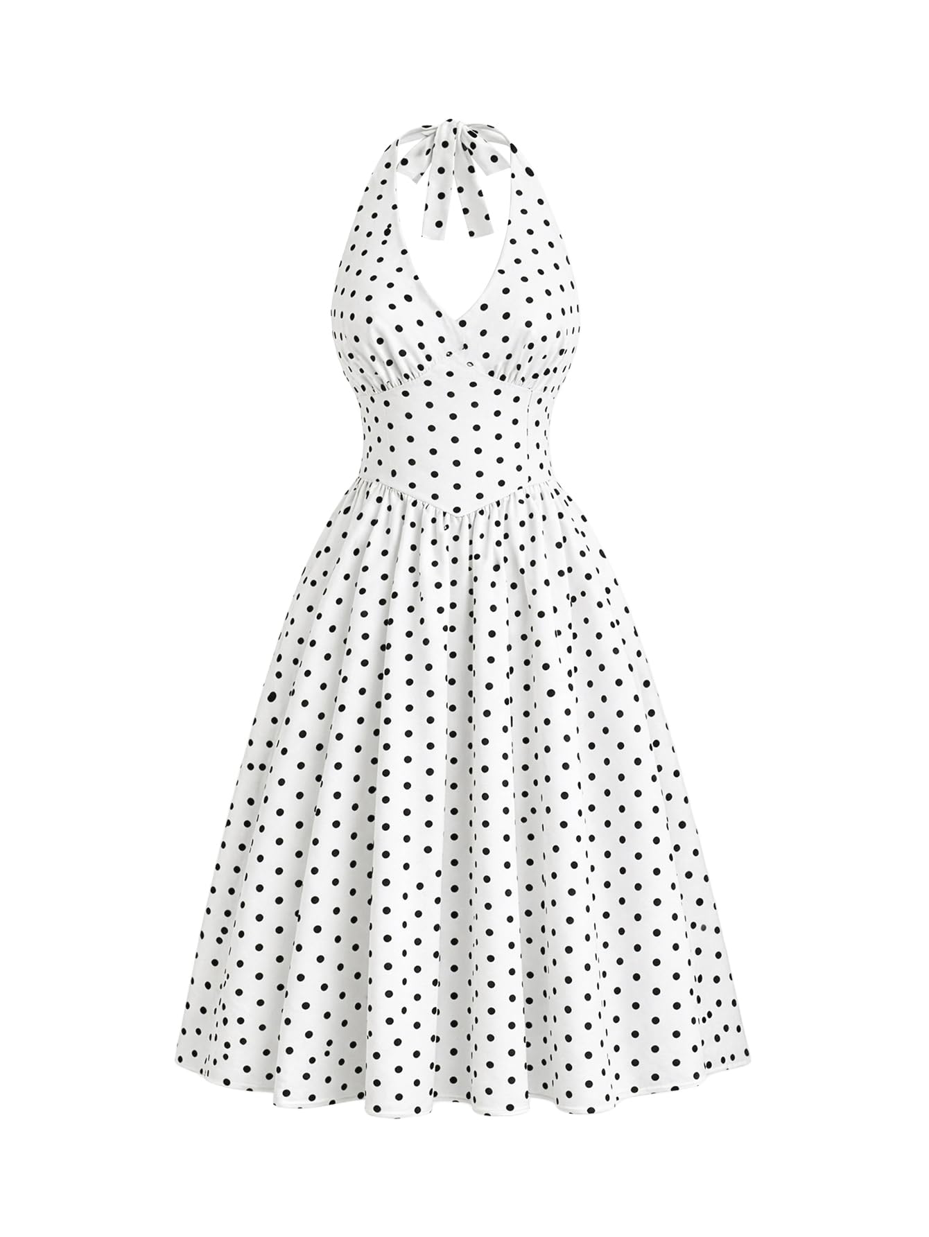 Aahwan White Polka Dots Halter Long Dress Backless A Line Flared Vintage Party Club Dresses for Women's & Girl's(392-White-M)