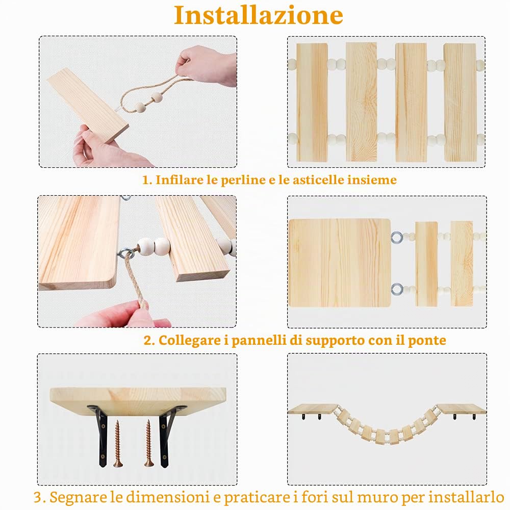 Ponticello Sospeso per Gatti, Ponte da Arrampicata Mensola Ponte per Gatti a Parete, Mensole per attività in Legno Massello Mobili Parete Cat Scratching Scalatore Arrampicata
