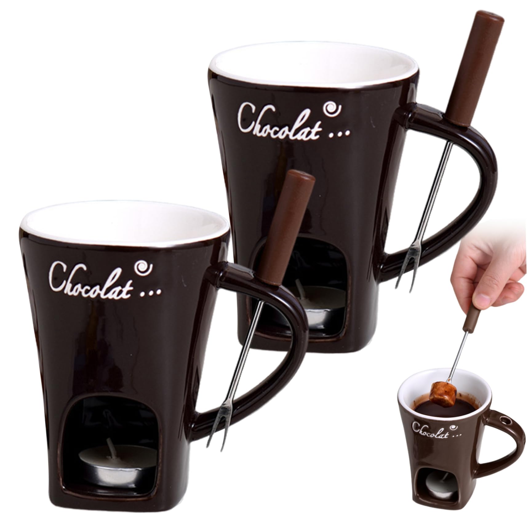 Tasse à fondue au chocolat avec fourchette et support bougie en céramique