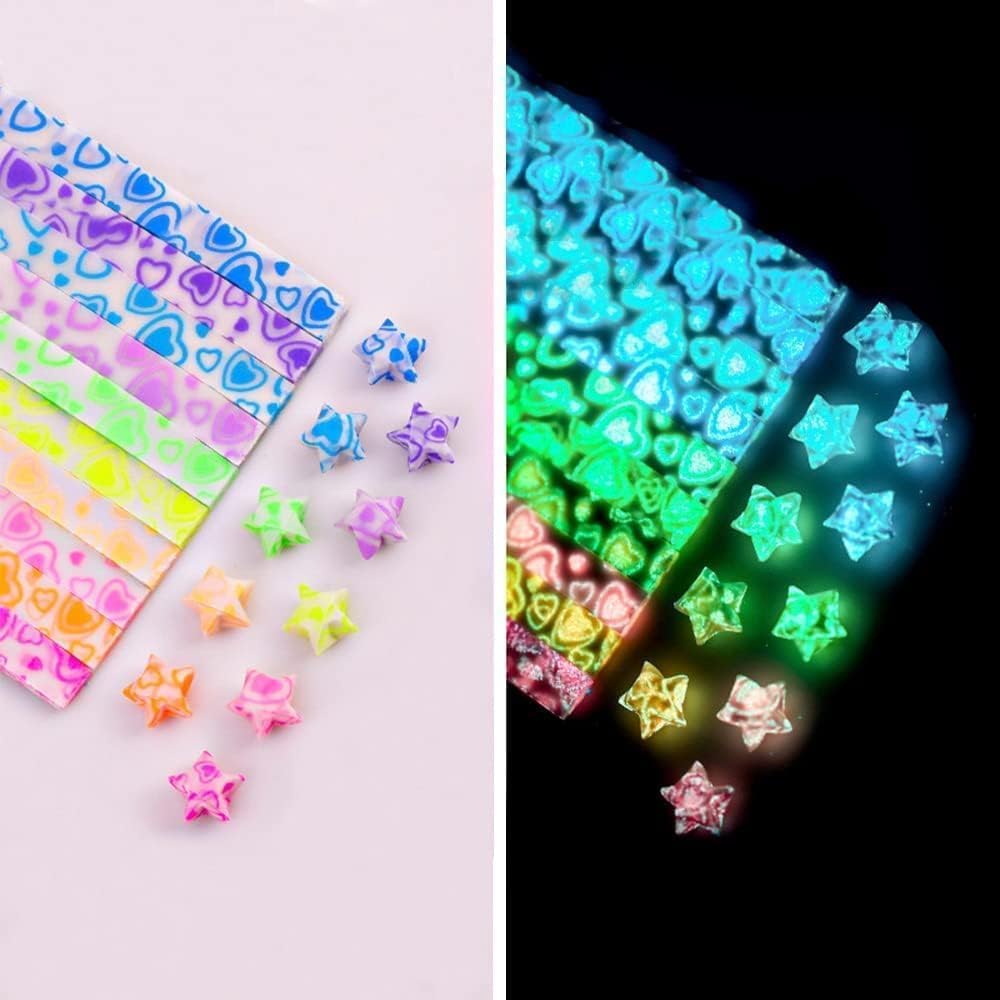 Luminous Origami Star Paper Strips, Glow in the Dark DIY Handmade Lucky Star Paper, Heart-shaped Pattern for Kids Craft Activities, Party Favors, Games & Decorations (210 Sheets) (Big heart)