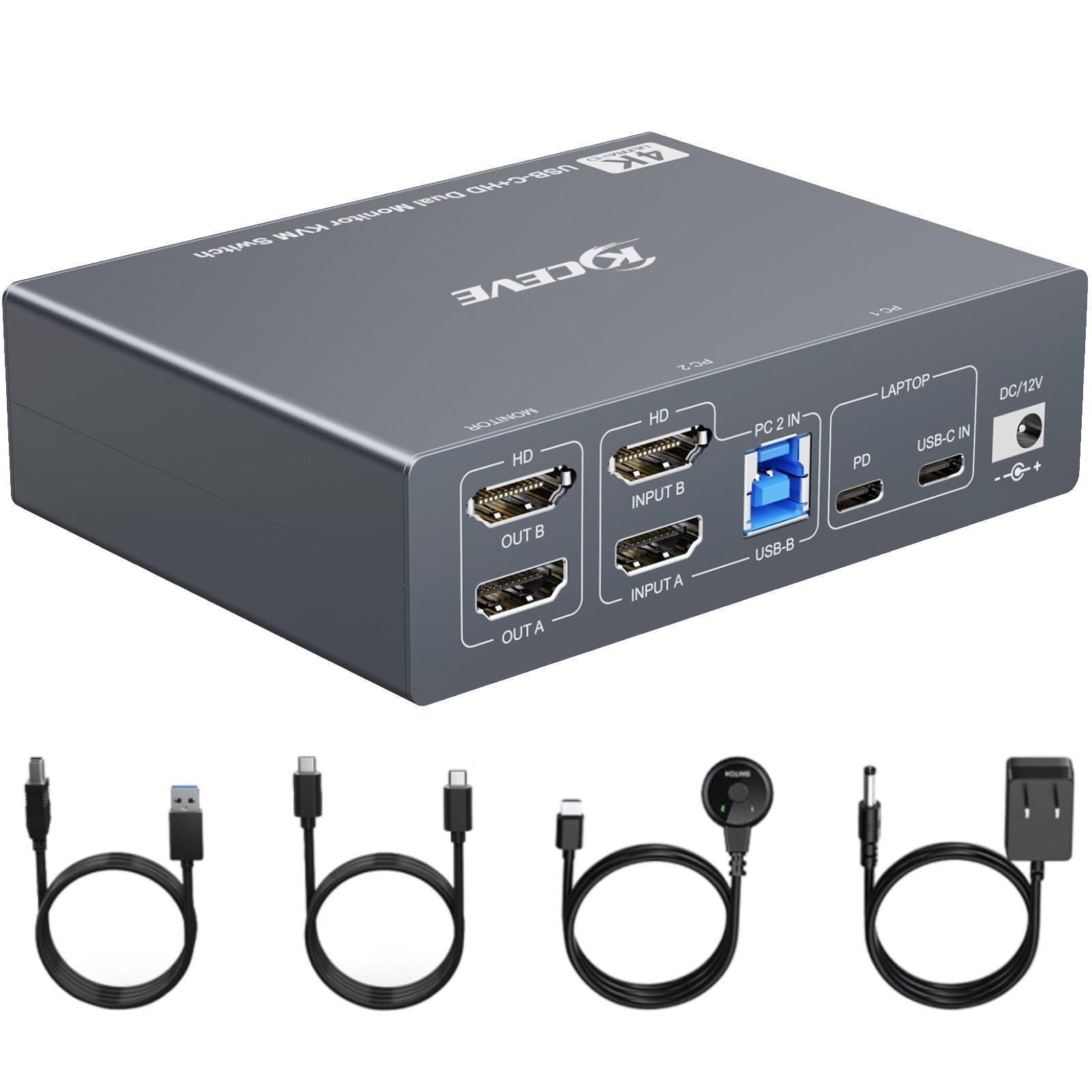 KVM Switch 2 Monitors 1 Laptop and 1 Desktop 4K@60Hz,Camgeet USB C HDMI Dual Monitor KVM Switch with 4 USB3.0 Ports for Keyboard Mouse,80W PD Charging