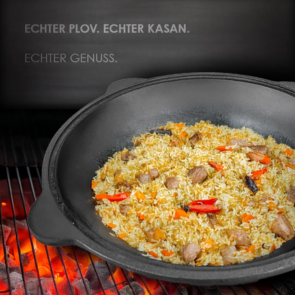 Kazan de hierro fundido 12 L – Uzbeko Kazan (плов казан) con tapa de aluminio, espumadera y cucharón – Ideal para Plov, cocina en horno de fuego, olla uzbeka