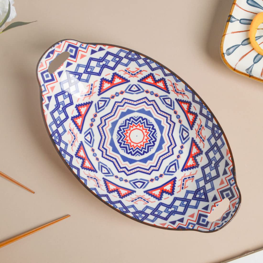 Nestasia Blue & Red Mandala Ceramic Long Dish with Handles for Serving Snacks, Appetizers, Salads, and Noodles| Microwave Safe, Dishwasher Safe (10.8 Inch)