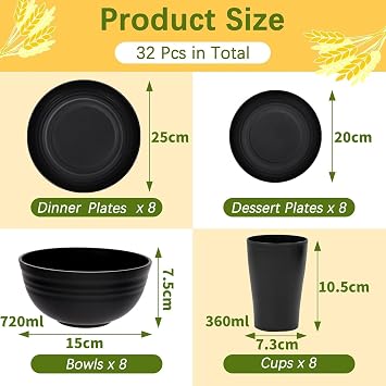 KAHEIGN 32Pcs Plastic Dinnerware Set, 8 Set Unbreakable Dinner Sets Included 8Pcs 25CM Dinner Plates, 8Pcs 20CM Salad Plates, 8 Pcs 720ml Bowls, 8 Pcs 360ml Cups - Microwave & Dishwasher Safe
